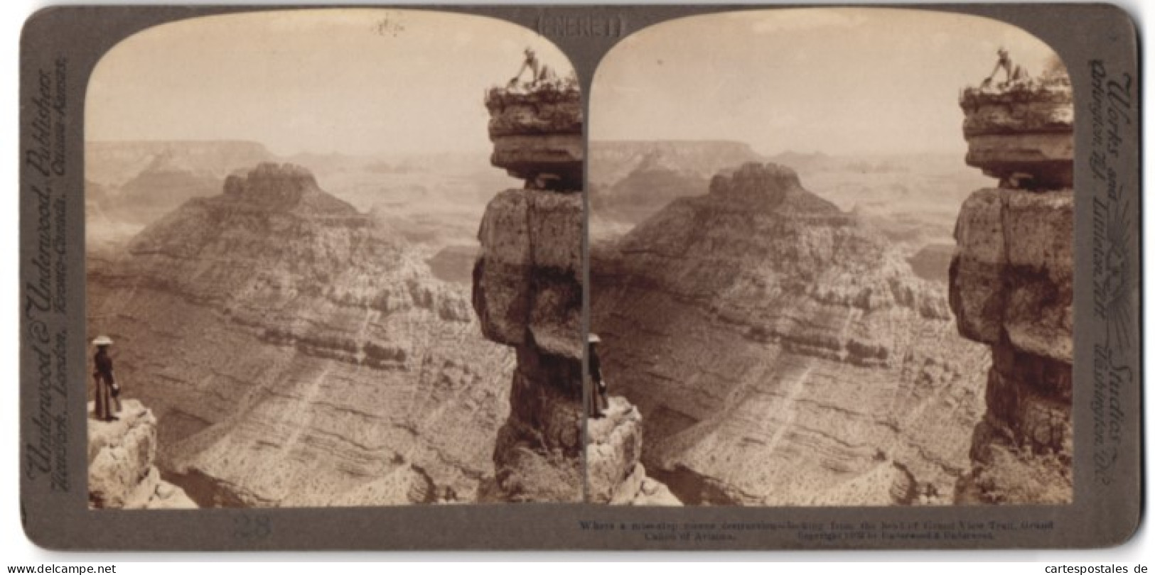 Stereo-Fotografie Underwood & Underwood, New York, Ansicht Grand View Trail / AZ, Grand Canyon Panorama  - Fotos Estereoscópicas