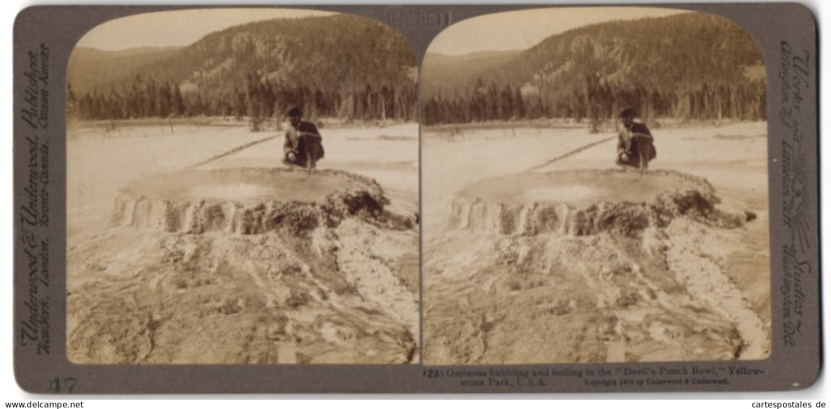 Stereo-Fotografie Underwood & Underwood, New York, Ansicht Yellowstone Park, Geysir Devil's Punch Bowl  - Photos Stéréoscopiques