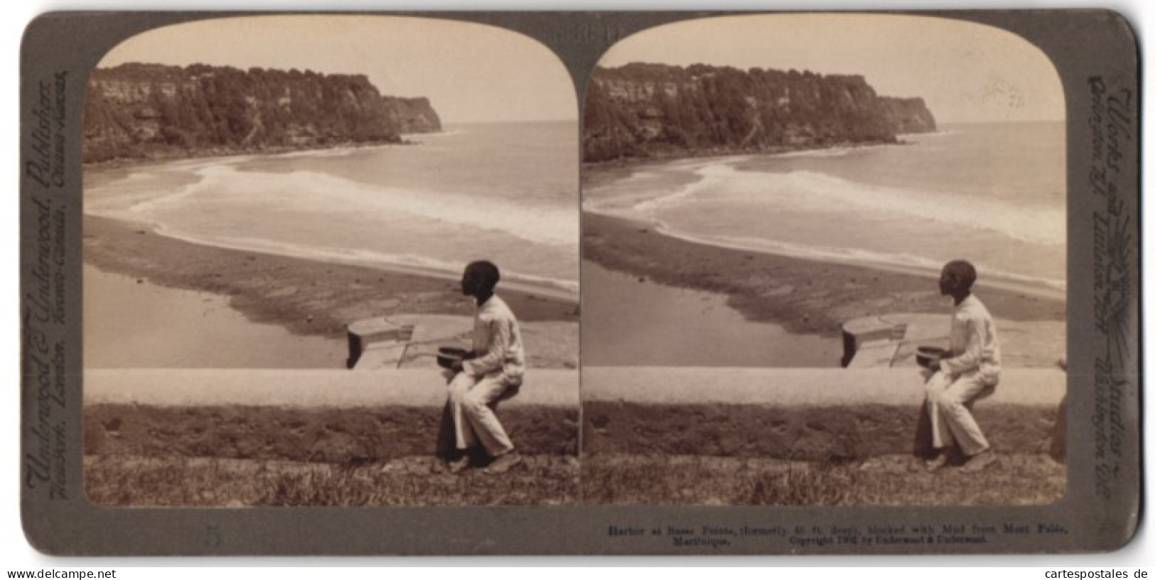 Stereo-Fotografie Underwood & Underwood, New York, Ansicht Basse Pointe / Martinique, Asche Des Montagne Pelee Am Meer  - Photos Stéréoscopiques