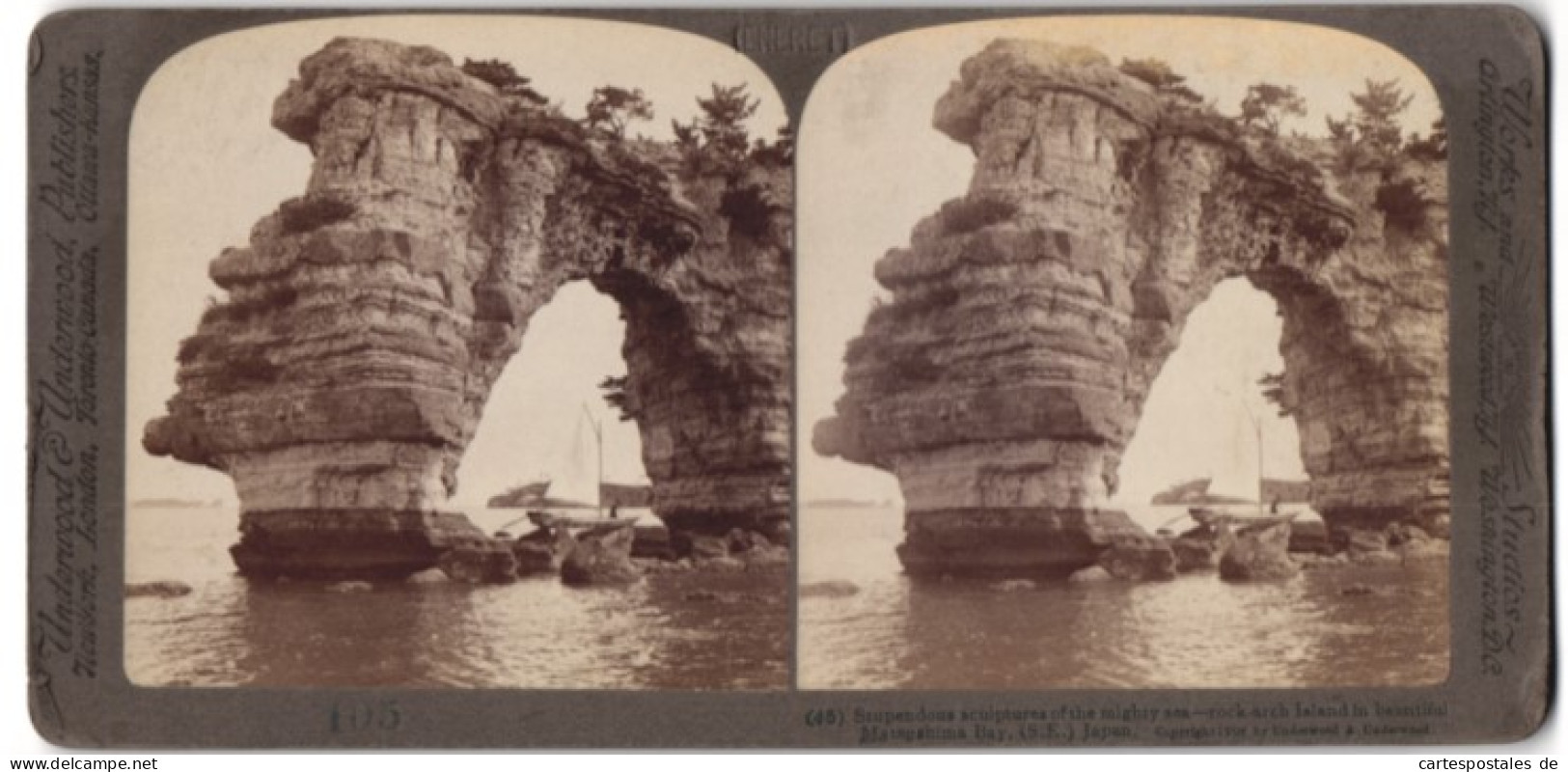 Stereo-Fotografie Underwood & Underwood, New York, Ansicht Matsushima Bay / Japan, Felsformation Rock-Arch Island  - Photos Stéréoscopiques