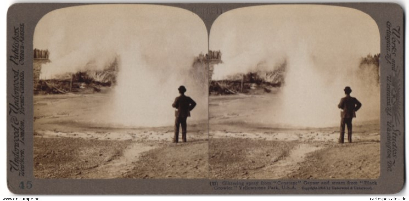 Stereo-Fotografie Underwood & Underwood, New York, Ansicht Yellowstone Park, Geysir Constant Und Black Growler  - Stereo-Photographie