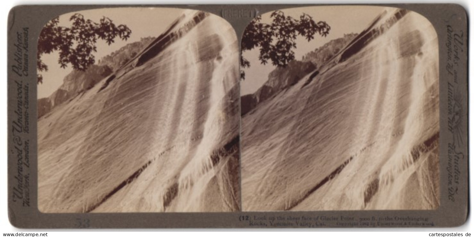 Stereo-Fotografie Underwood & Underwood, New York, Ansicht Yosemite Valley / CA, Glacier Point Felsformation  - Photos Stéréoscopiques