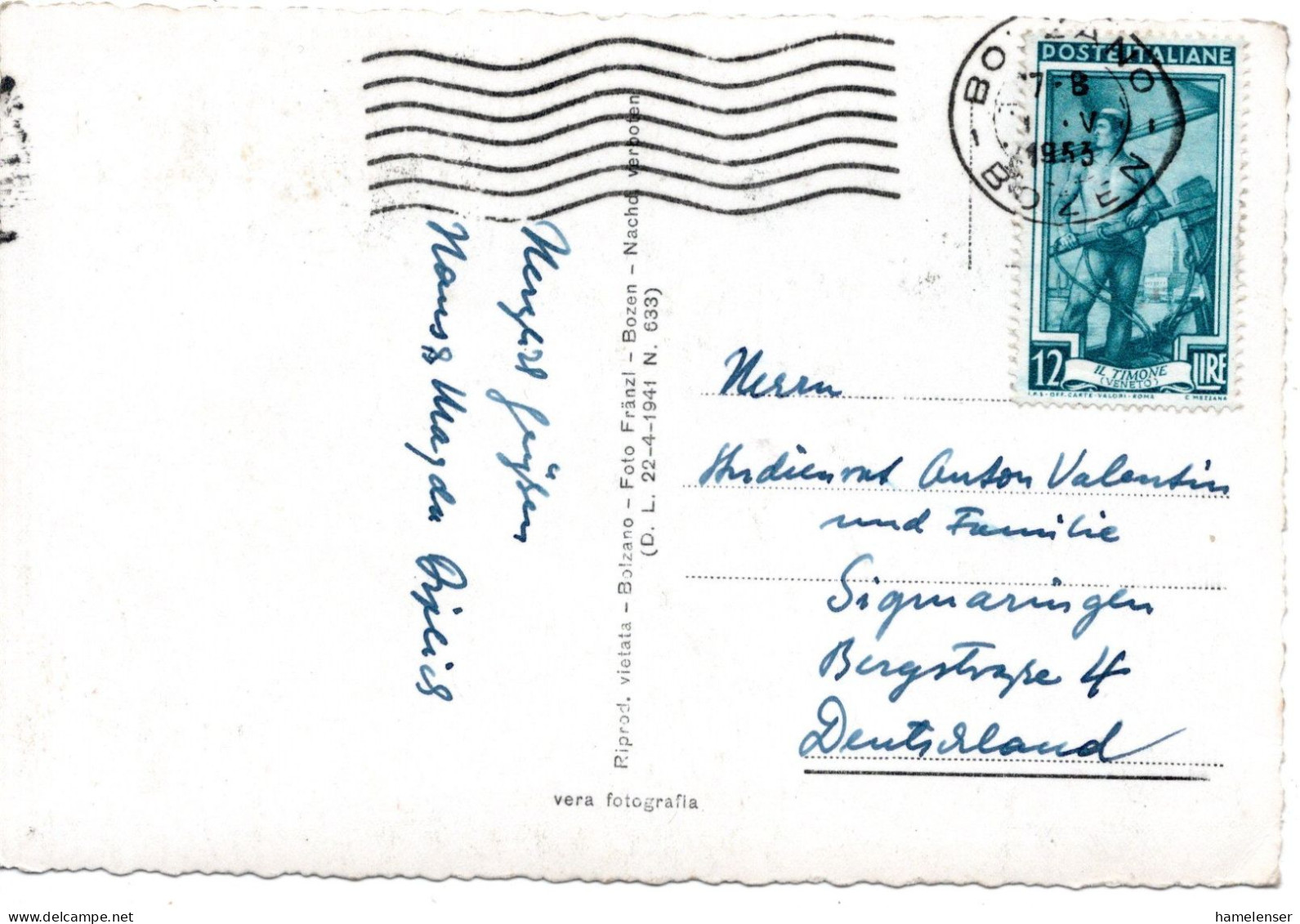 78866 - Italien - 1953 - 12L Arbeit EF A AnsKte BOLZANO BOZEN -> Westdeutschland - 1946-60: Poststempel