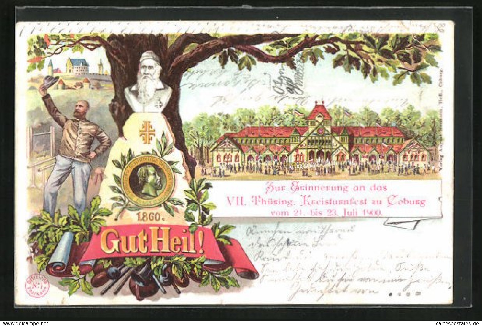 Lithographie Coburg, Zur Erinnerung An Das VII. Thüring. Kreisturnfest 1900, Festhalle, Denkmal Von Turnvater Jahn  - Coburg