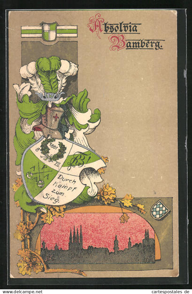 Künstler-AK Bamberg, Absolvia, Wappenschild Mit Inschrift Durch Kampf Zum Sieg 1881  - Autres & Non Classés