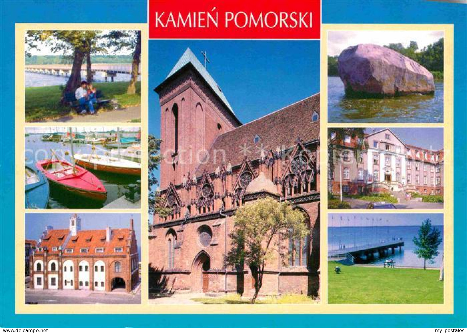72759951 Kamien Pomorski Seebruecke Bootsliegeplatz Kirche Felsen Anlegestelle K - Poland