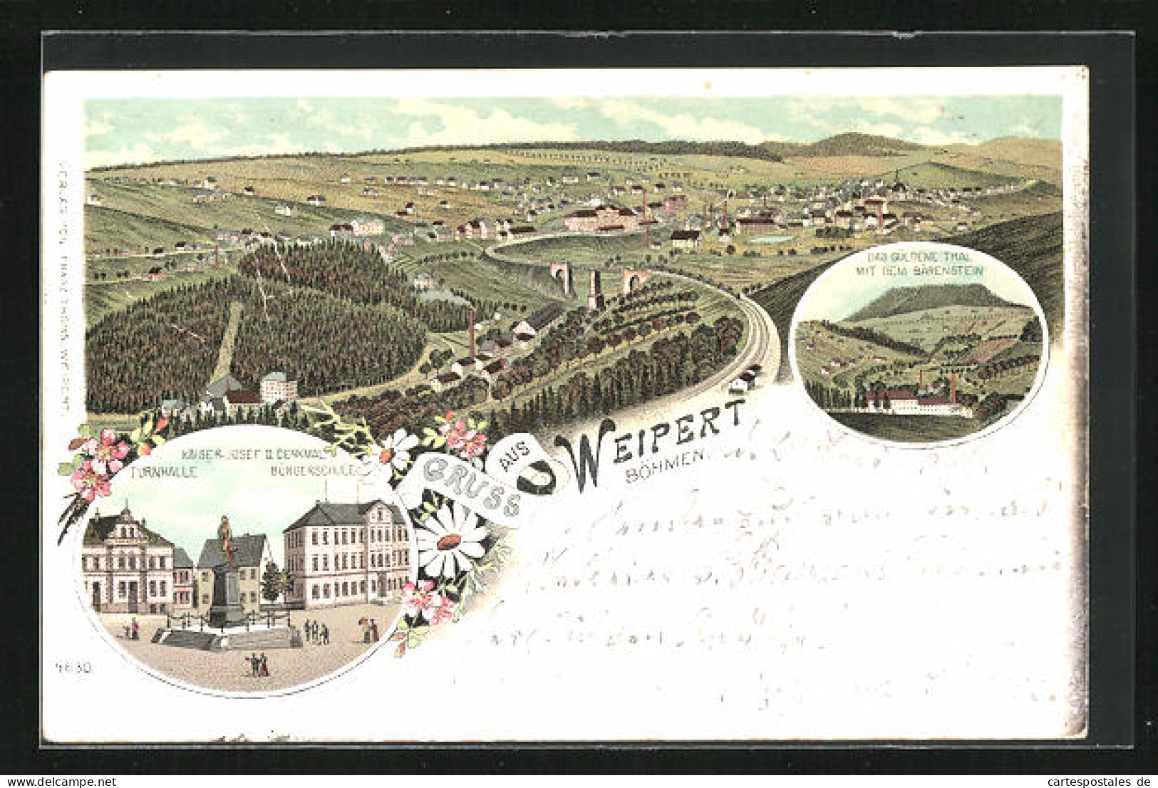 Lithographie Weipert / Vejprty, Kaiser Josef II Denkmal Mit Turnhalle Und Bürgerschule, Panorama  - Tchéquie