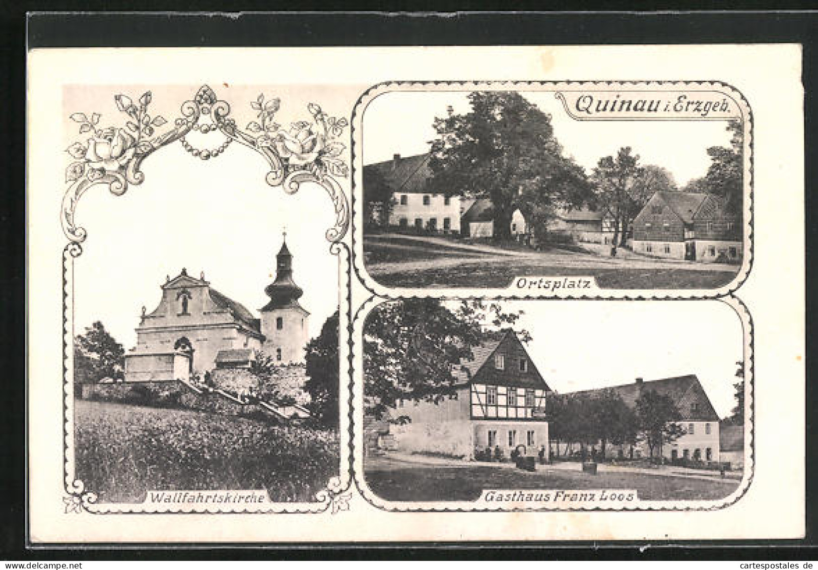 AK Quinau I. Erzgeb., Gasthaus Franz Loos, Wallfahrtskirche  - Tchéquie