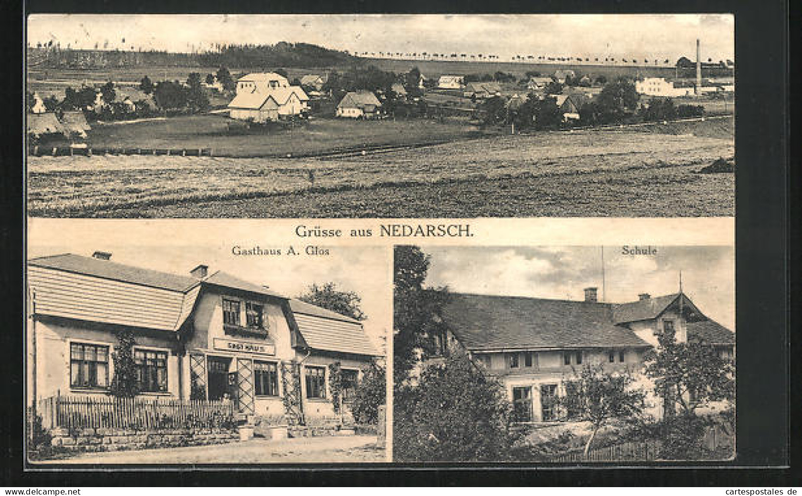 AK Falgendorf-Nedarsch, Gasthaus A. Glos, Schule, Panorama  - Tchéquie