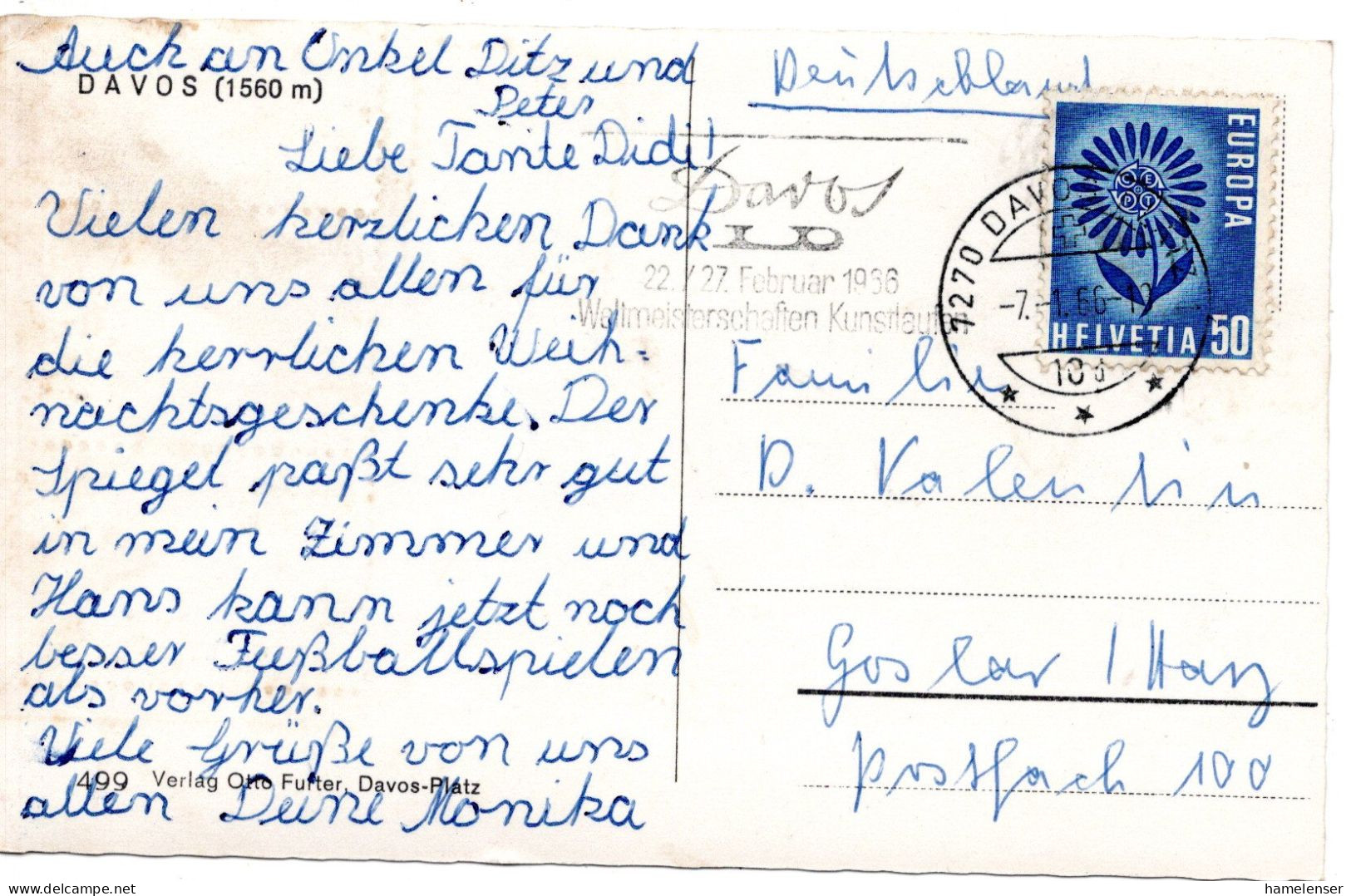 78868 - Schweiz - 1966 - 50Rp CEPT '63 EF A AnsKte DAVOS -> Westdeutschland - 1964