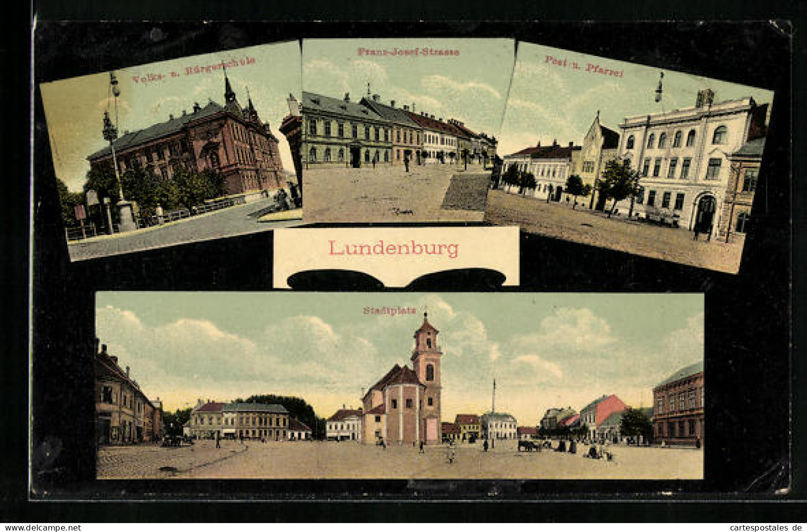 AK Lundenburg, Stadtplatz, Volks- Und Bürgerschule, Franz-Josef-Strasse, Post Und Pfarrei  - Tchéquie