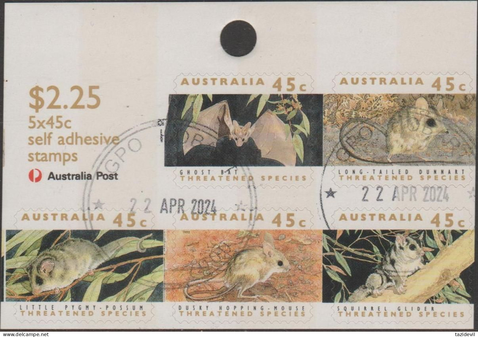 AUSTRALIA - DIE-CUT-USED 1992 $2.25 Threatened Species - Hang Sell Sheetlet Of Five - Oblitérés