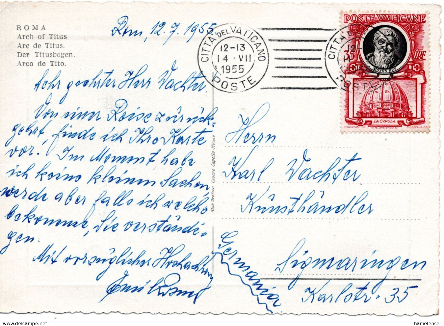 78873 - Vatikan - 1955 - 35L Bauwerk EF A AnsKte CITTA DEL VATICANO -> Westdeutschland - Lettres & Documents