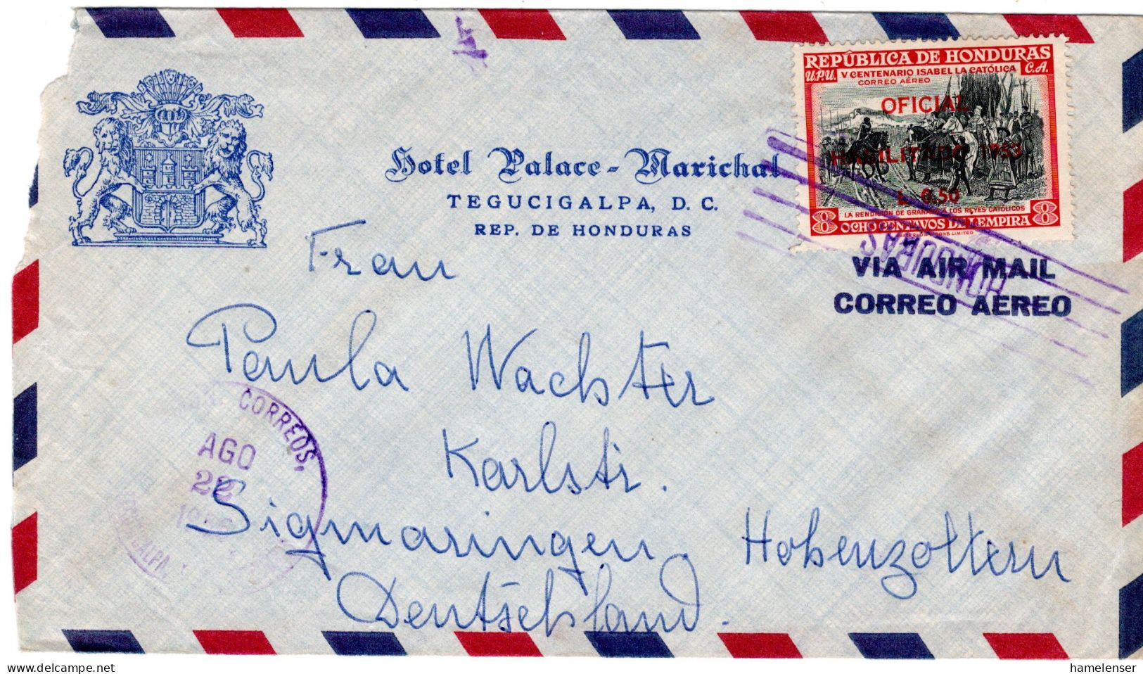 78874 - Honduras - 1956 - L.0,50/8c 1953 EF A LpBf (Oeffnungsmgl Li O) TEGUCIGALPA -> Westdeutschland - Honduras