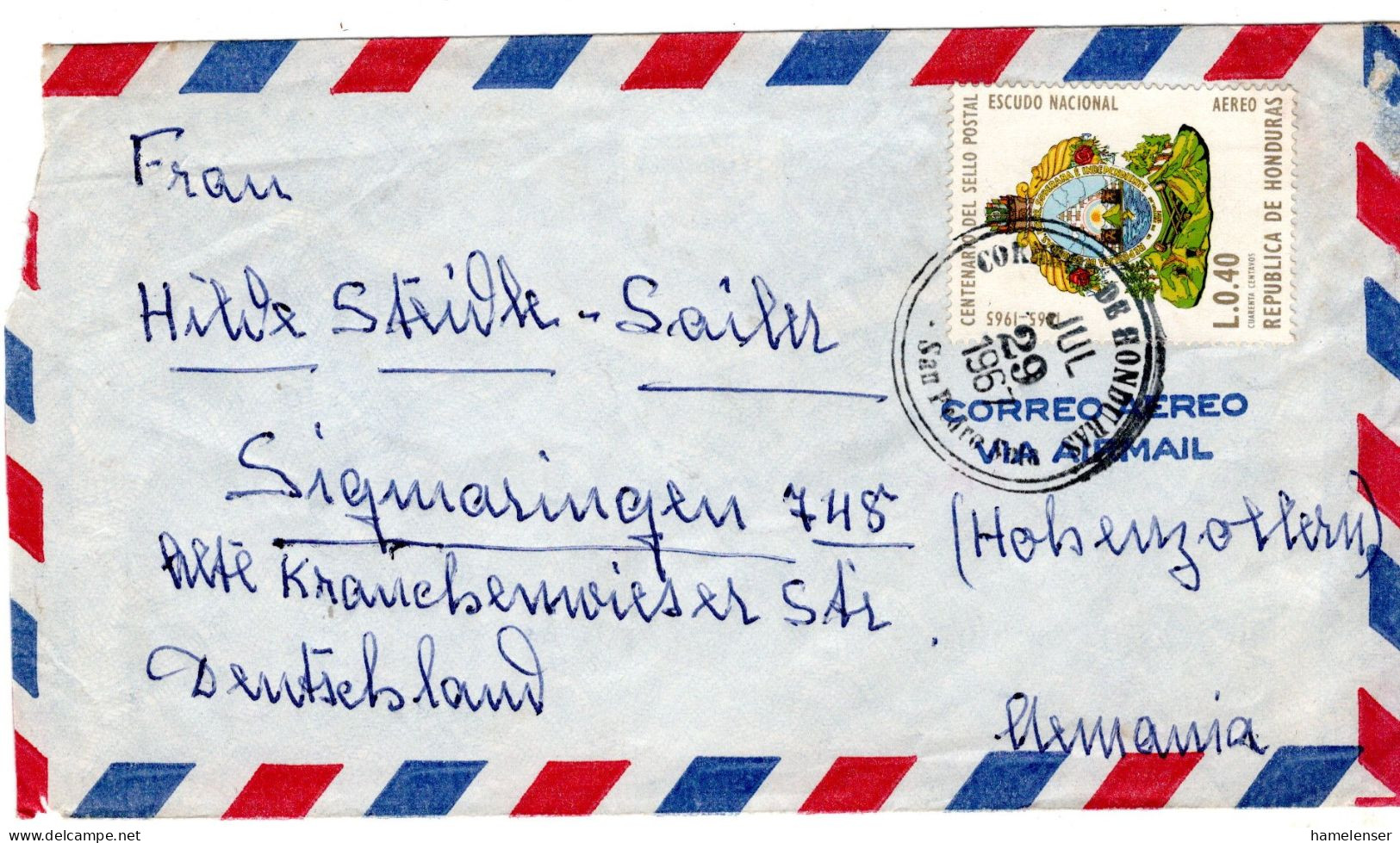 78875 - Honduras - 1967 - L.0,40 100 Jahre Honduranische Briefmarken EF A LpBf SAN PEDRO -> Westdeutschland - Honduras