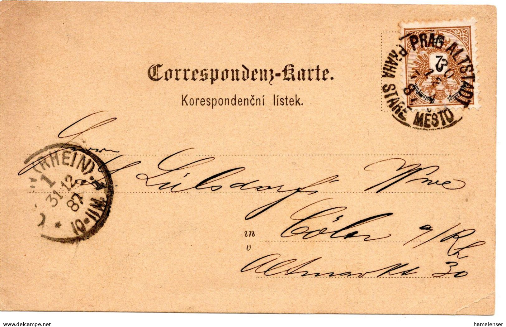 78876 - Österreich - 1887 - 2Kr EF A Kte PRAG ALTSTADT -> COELN (Deutschland) - Covers & Documents