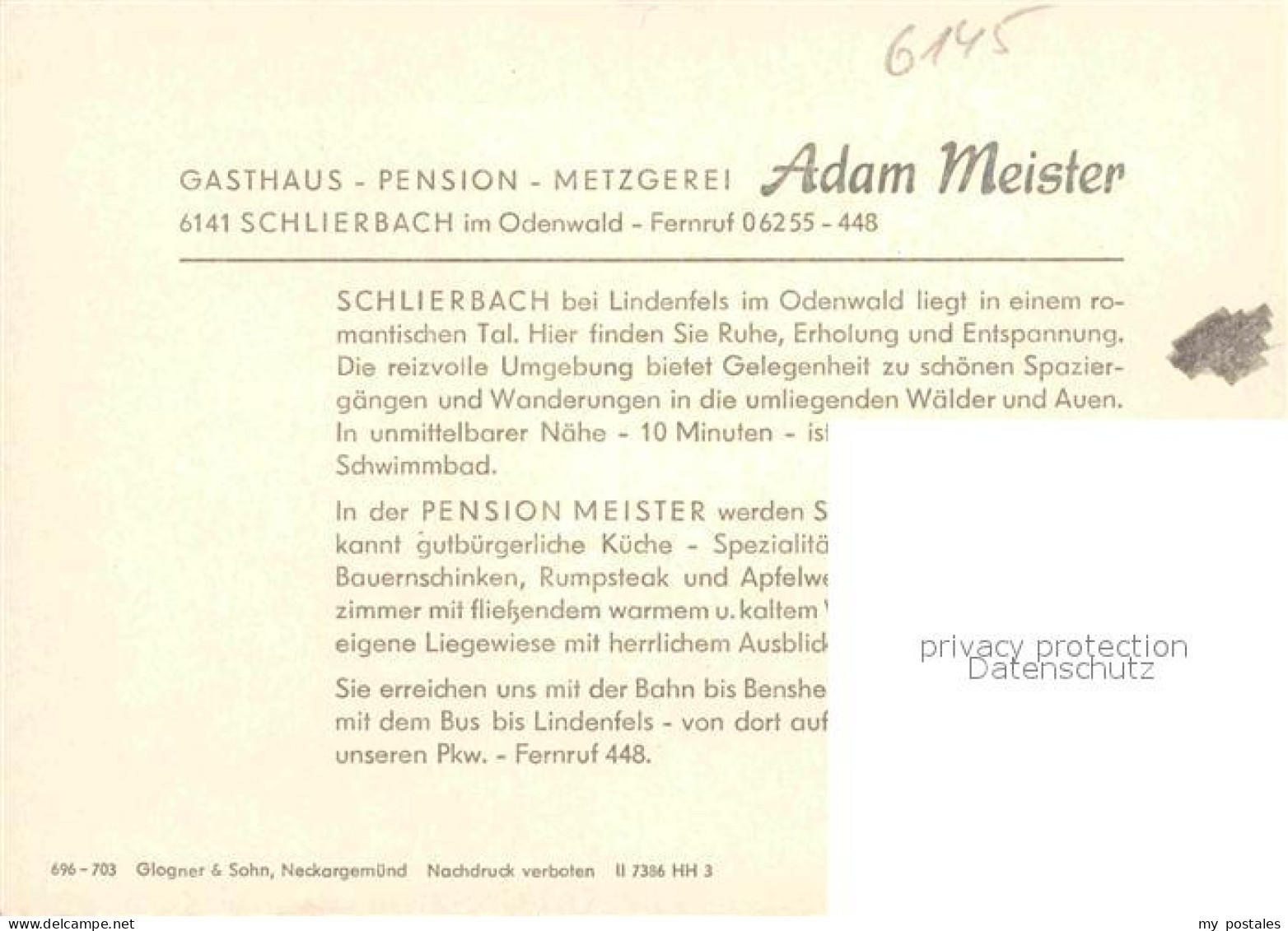 72752592 Schlierbach Bergstrasse Gasthaus Pension Adam Meister Lindenfels - Autres & Non Classés