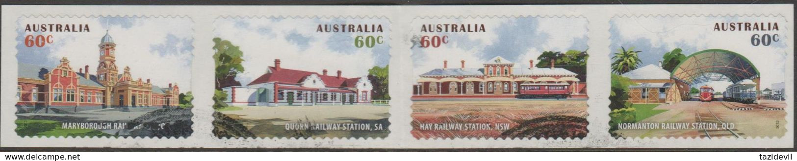 AUSTRALIA - DIE-CUT-USED 2013 $2.40 Historic Railway Stations Strip Of Four Backing Attached - Used Stamps