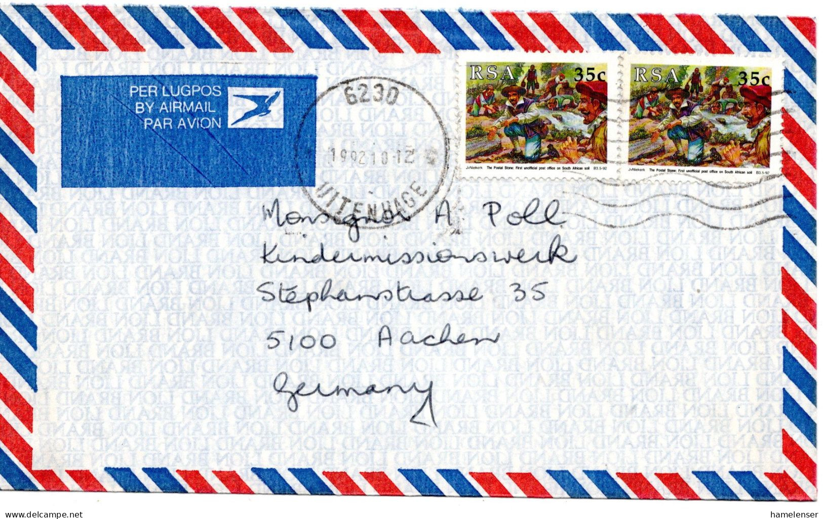 78877 - Südafrika - 1992 - 2@35c Poststeine A LpBf UITENHAGE -> Deutschland - Poste
