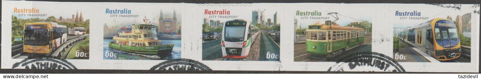 AUSTRALIA - DIE-CUT-USED 2012 $3.00 Capital City Transport - Strip Of Five Backing Attached - Gebruikt