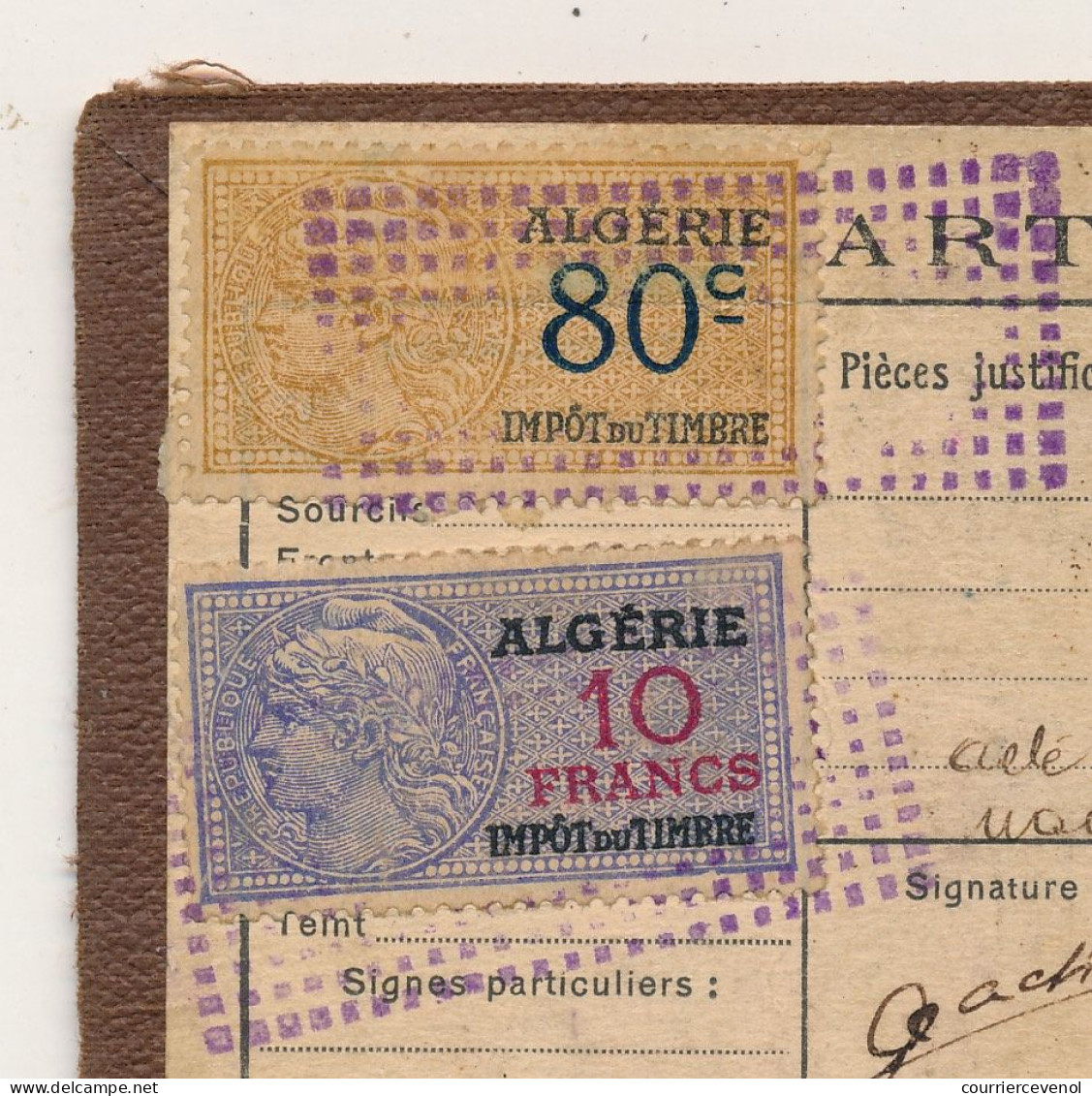 ALGERIE - FISCAUX 80c, 10f, 50f Sur 2 Cartes D'identité - Alger 1940 Et 1943 - Andere & Zonder Classificatie