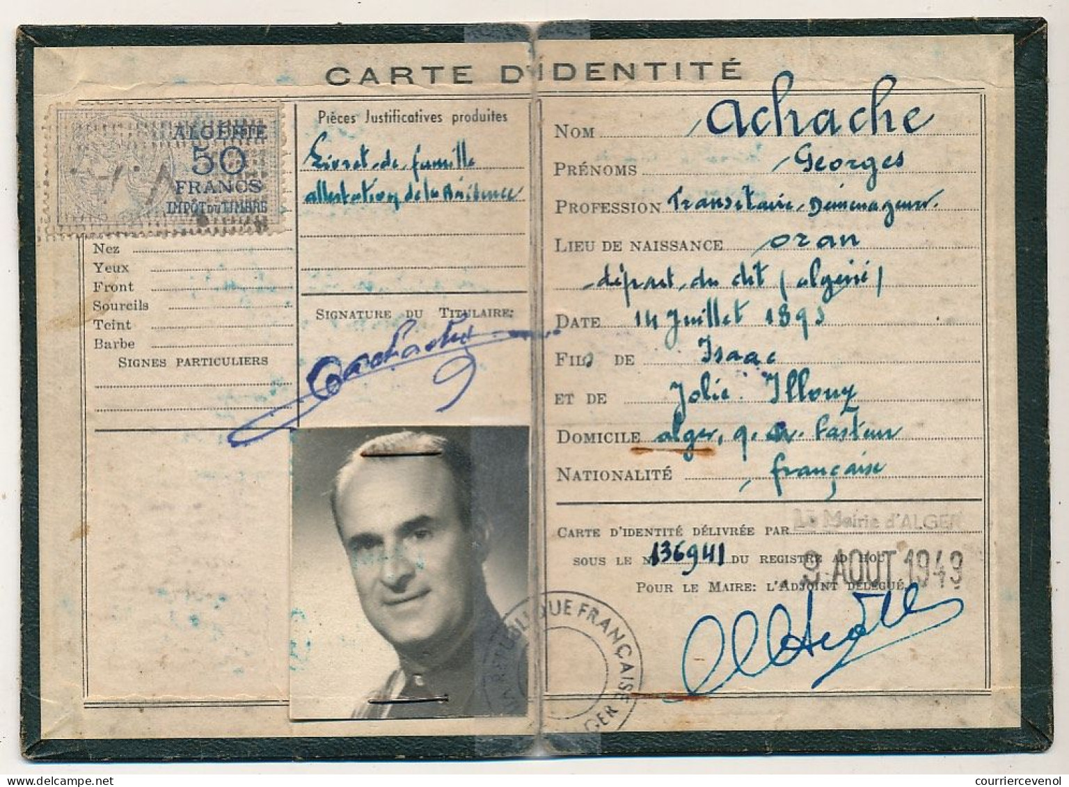 ALGERIE - FISCAUX 80c, 10f, 50f Sur 2 Cartes D'identité - Alger 1940 Et 1943 - Altri & Non Classificati