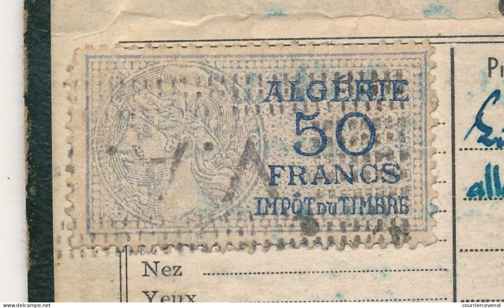 ALGERIE - FISCAUX 80c, 10f, 50f Sur 2 Cartes D'identité - Alger 1940 Et 1943 - Other & Unclassified