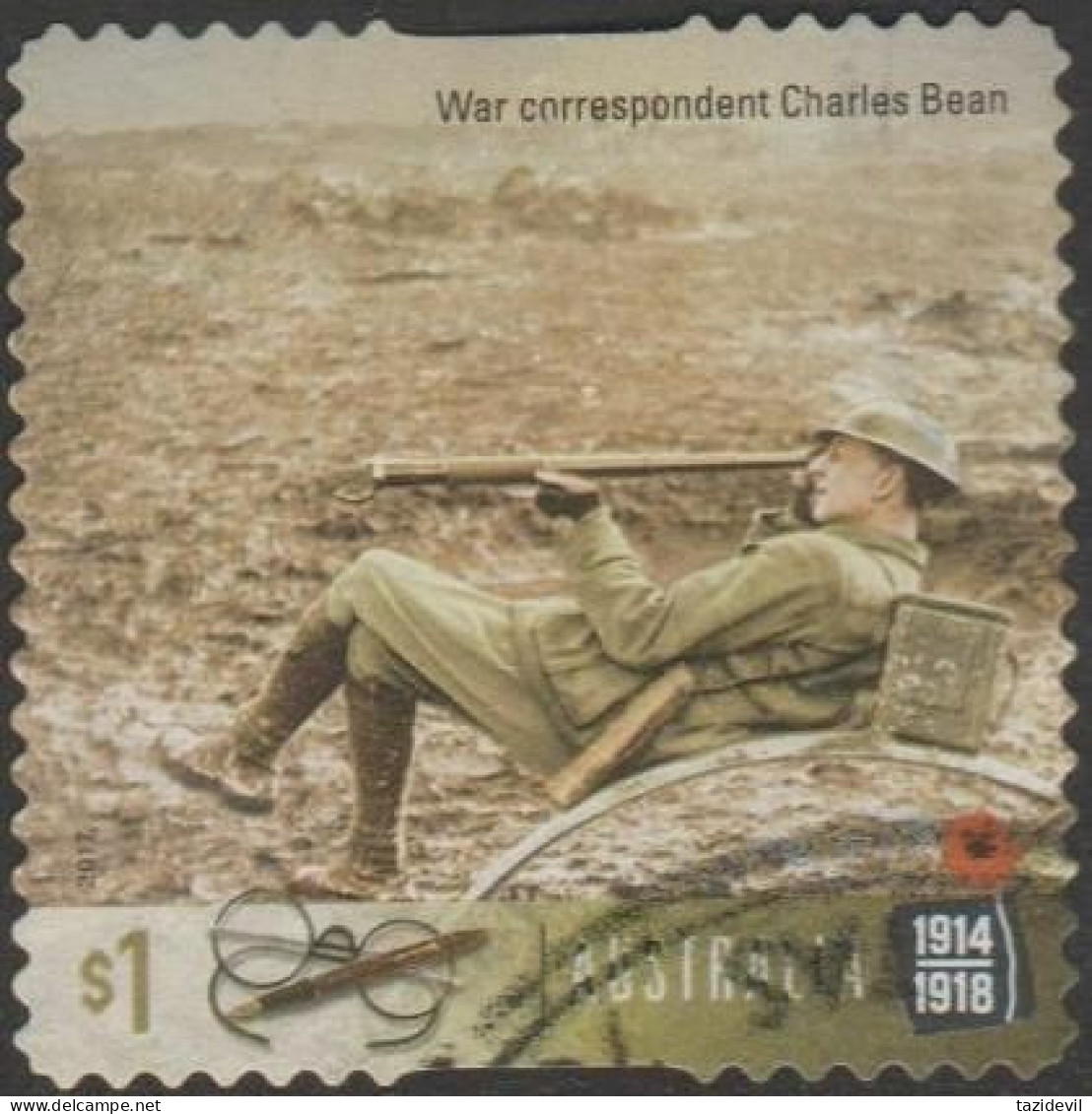 AUSTRALIA - DIE-CUT-USED 2017 $1.00 Centenary Of WWI 1917: War Correspondent - Charles Bean - Gebraucht