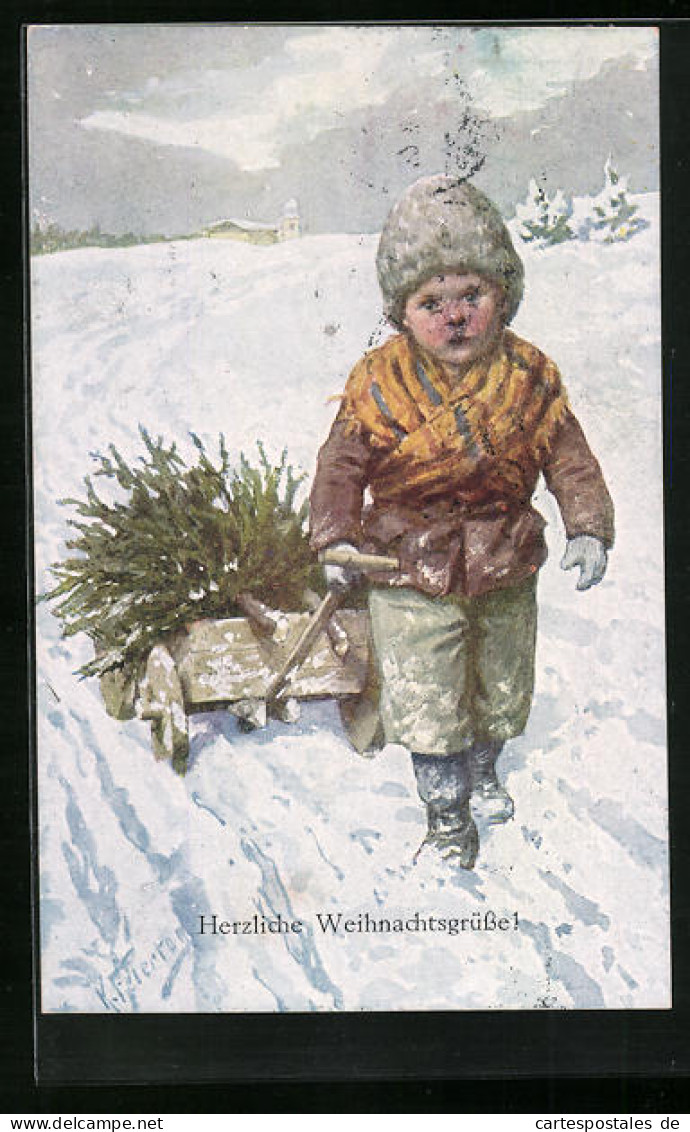 Künstler-AK Karl Feiertag: Junge Mit Karren Im Schnee Und Einem Baum, Weihnachtsgrüsse  - Feiertag, Karl