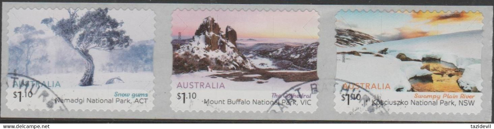 AUSTRALIA - DIE-CUT-USED 2020 $3.30 Australian Alps Strip Of Three Backing Attached - Gebruikt