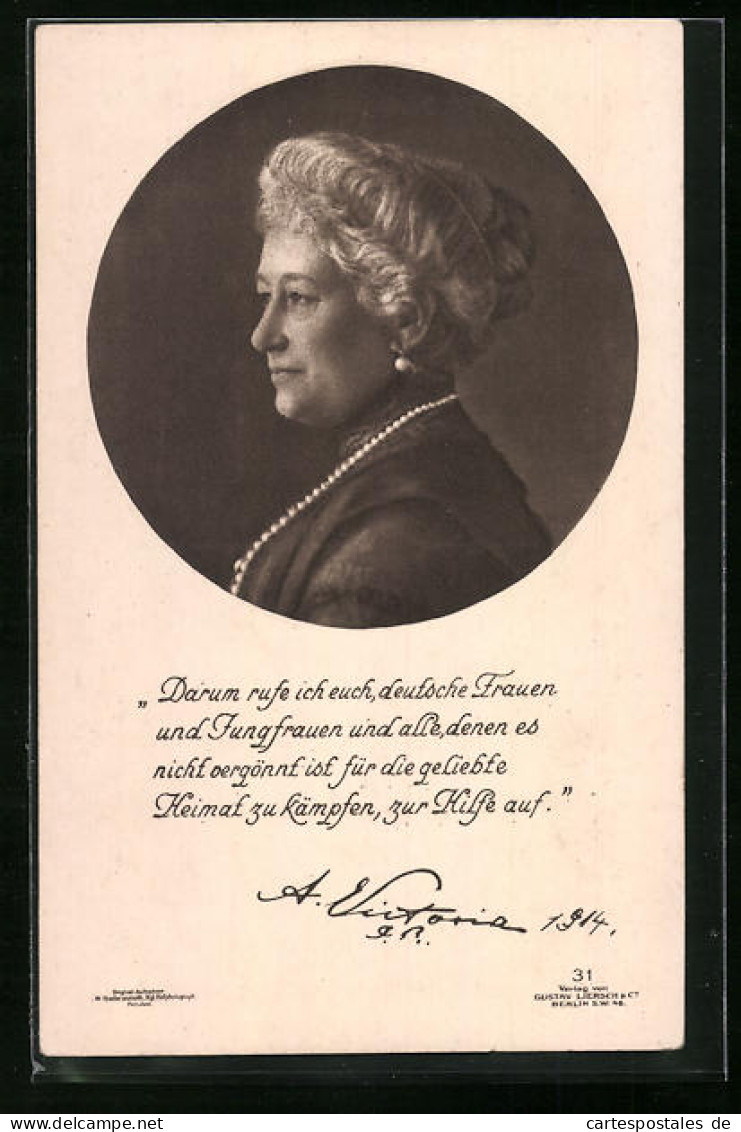 AK Kaiserin Auguste Victoria Königin Von Preussen, Seitliches Portrait Der Monarchin  - Königshäuser