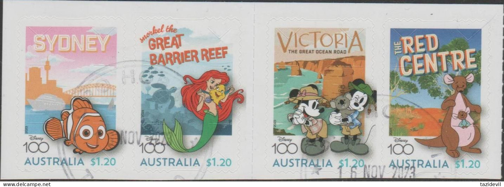 AUSTRALIA - DIE-CUT-USED 2023 $4.40 100 Years Of Disney - Strip Of Four From Sheetlet, Backing Attached - Gebruikt