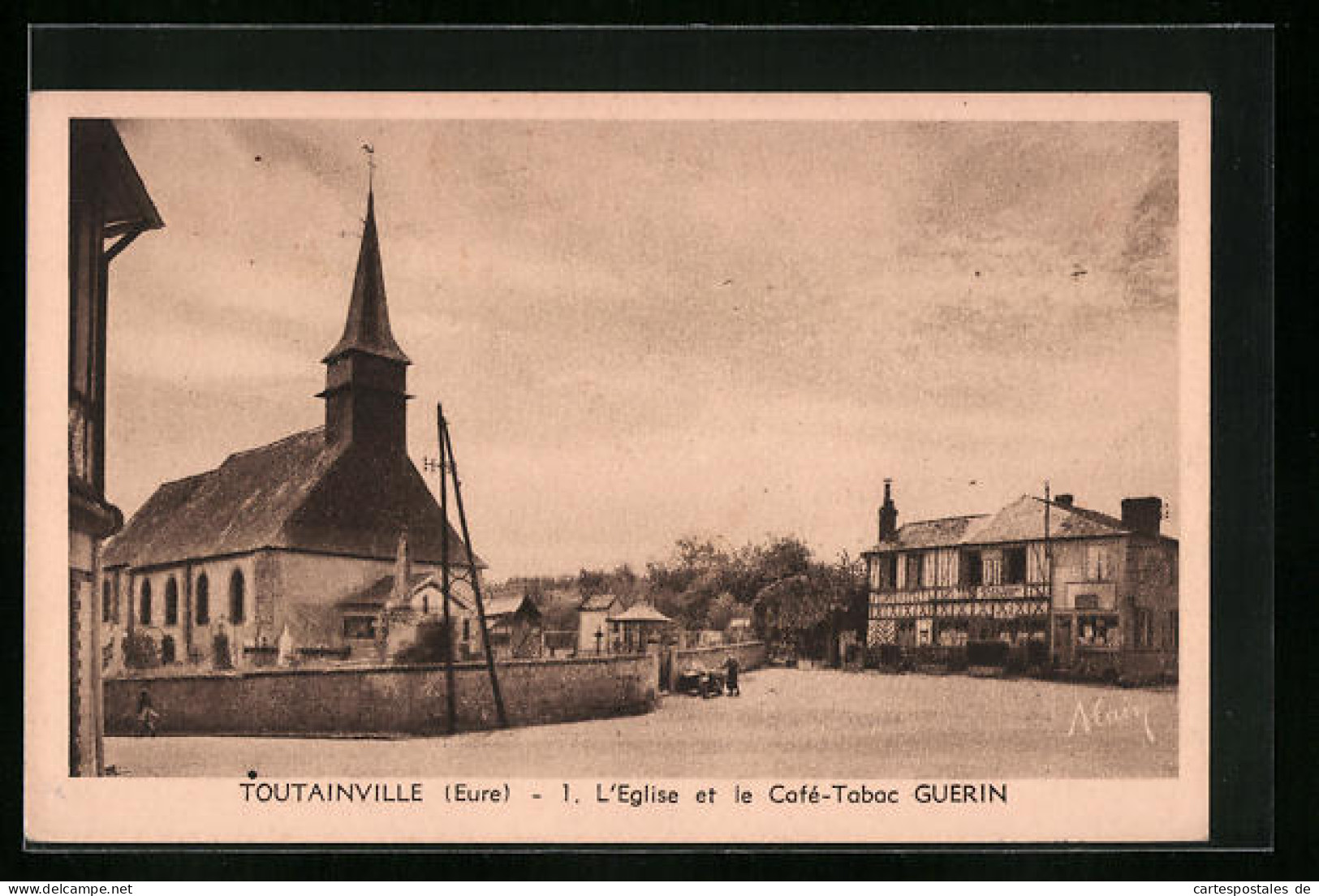 CPA Toutainville, L'Eglise Et Le Café-Tabac Guerin  - Other & Unclassified