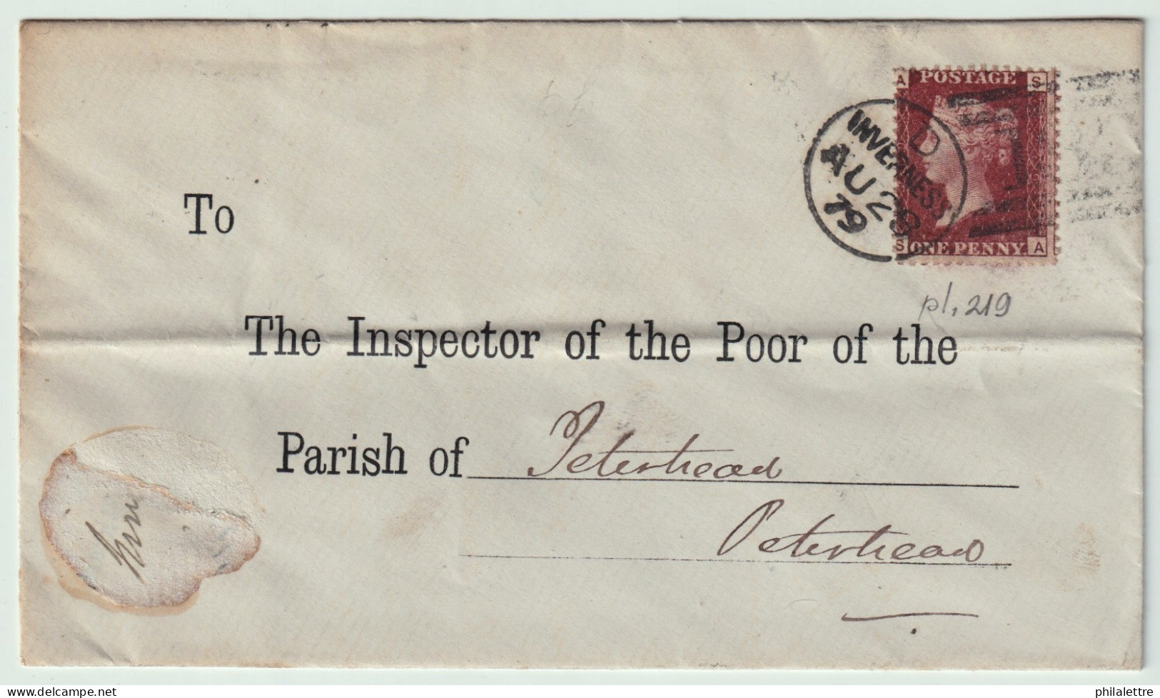 GB / Scotland - 1879 SG 44 1d "penny Plate" (Scarce Plate 219 - SA) On Cover From INVERNESS To PETERHEAD - Brieven En Documenten