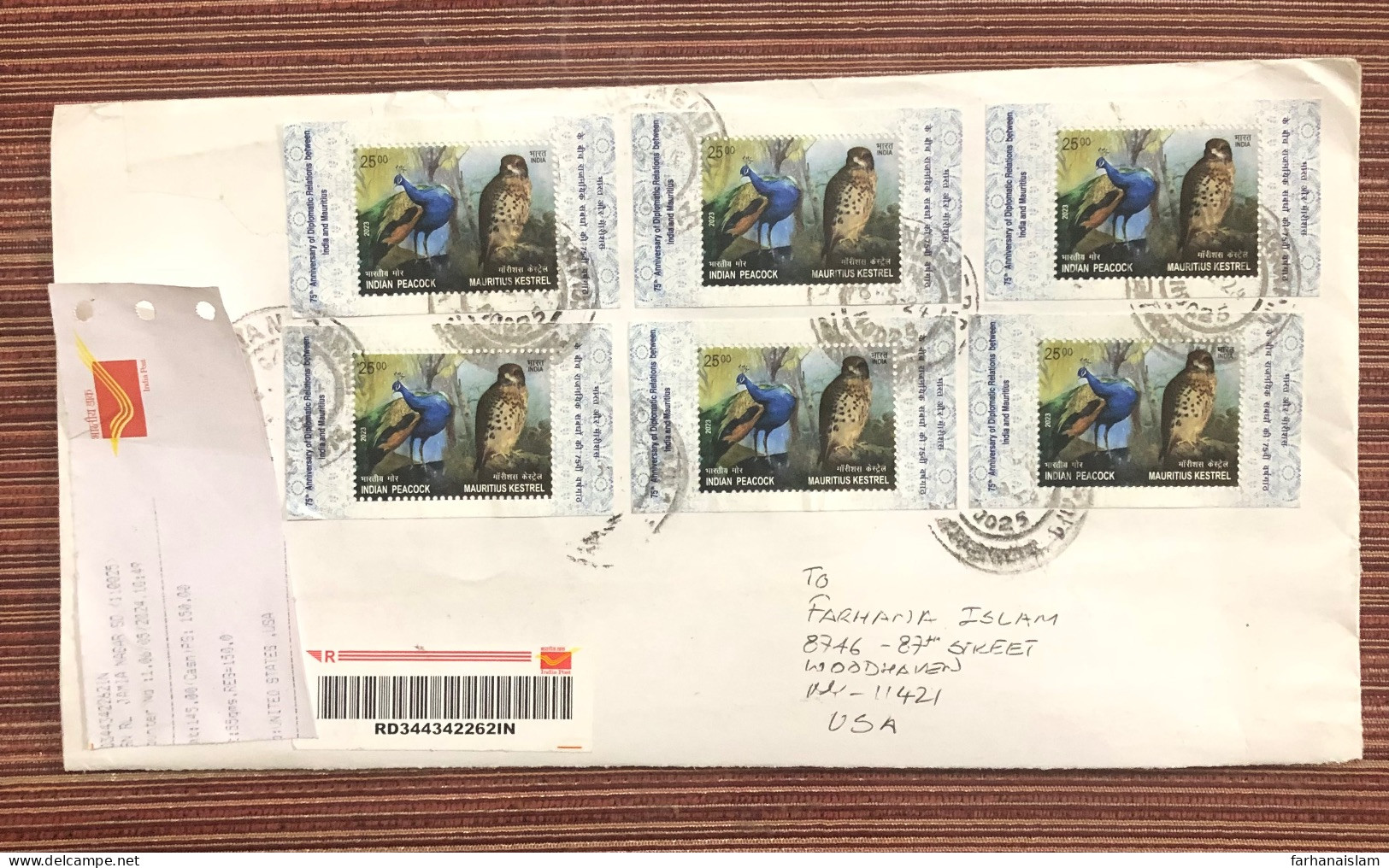 India & Mauritius 2023 Joint Issue Peacock Kestrel Bird Used On Regd Cover - Poste Aérienne