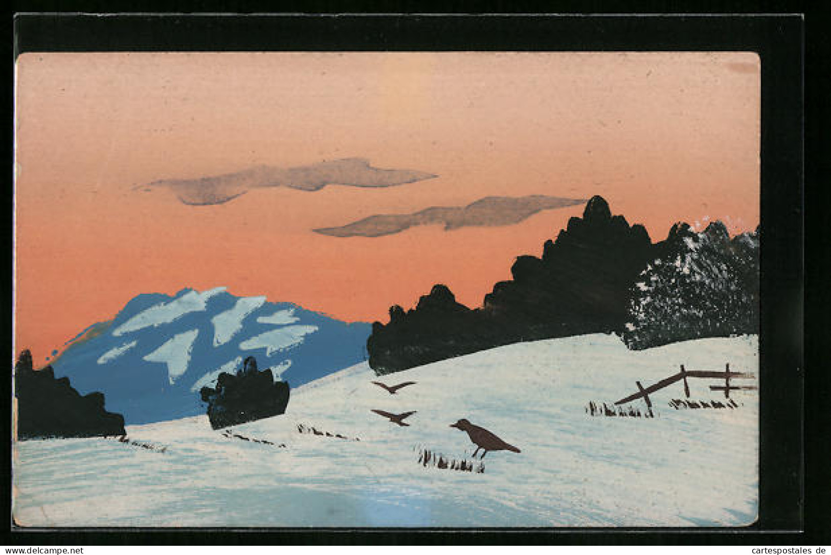 Künstler-AK Handgemalt: Winterlandschaft Mit Vögeln Auf Der Schneebedeckten Wiese  - 1900-1949
