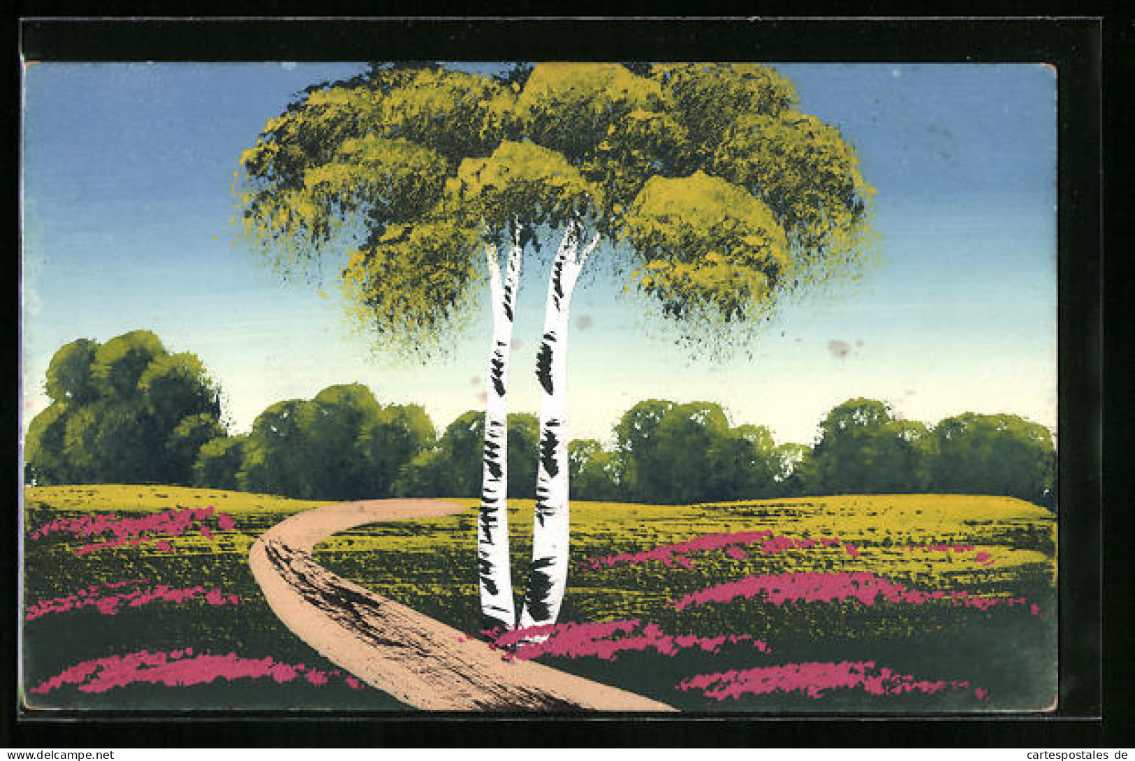 Künstler-AK Handgemalt: Schöne Blumenwiesen Mit Sandweg Und Wald Im Hintergrund  - 1900-1949