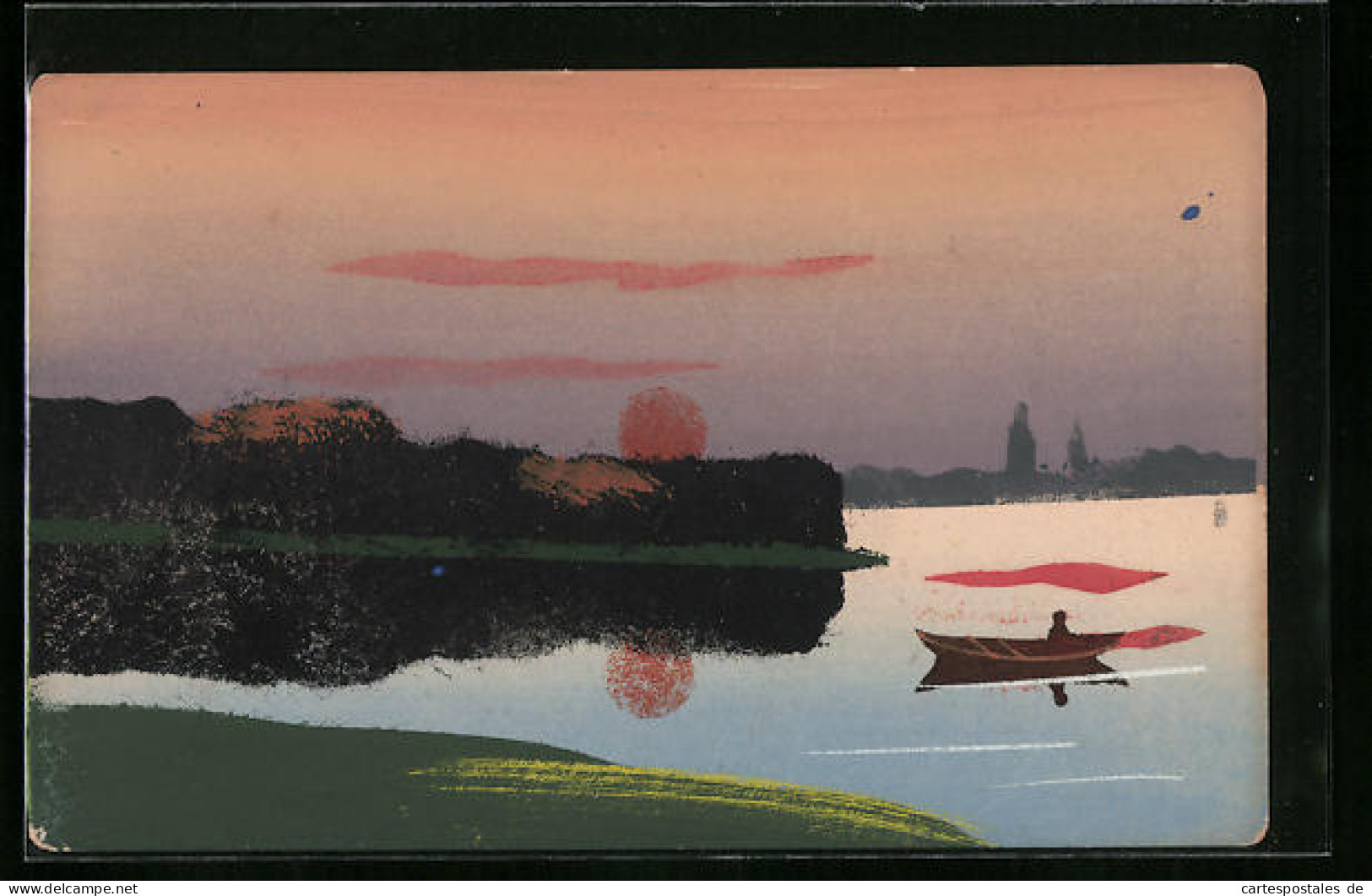 Künstler-AK Handgemalt: Sonnenuntergang Am See Mit Ruderboot  - 1900-1949