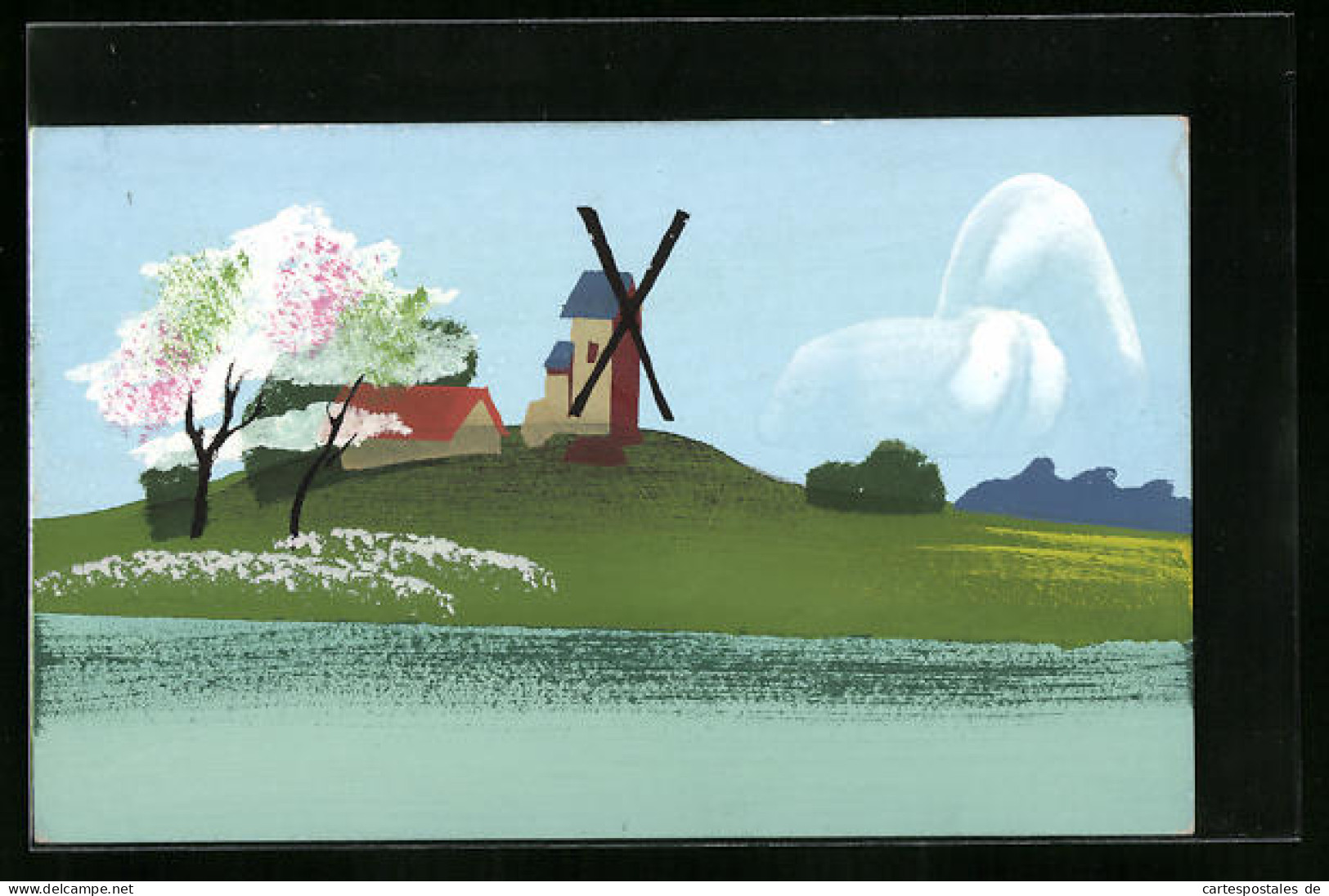 Künstler-AK Handgemalt: Windmühle Mit Interessanter Wolkenformation Und Im Wind Wehenden Bäumen  - 1900-1949