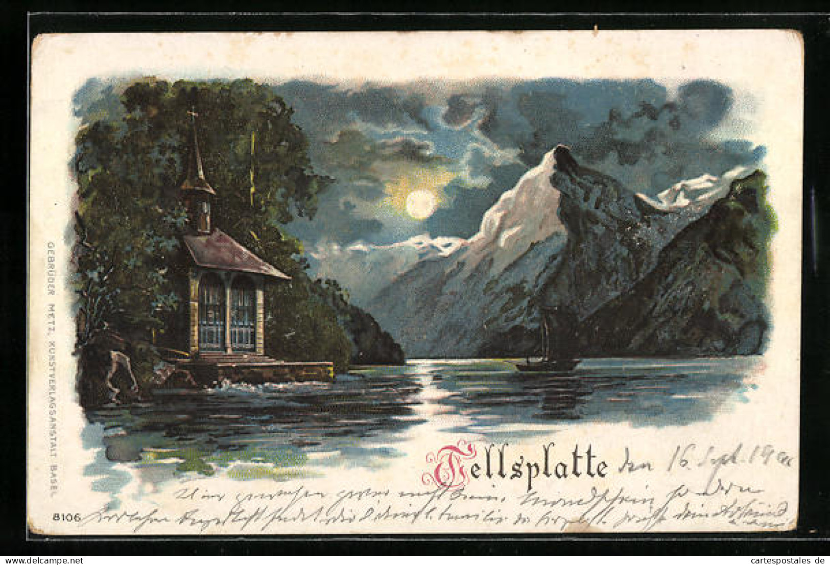 Lithographie Tellsplatte, Kapelle Am See Bei Vollmond  - Sonstige & Ohne Zuordnung