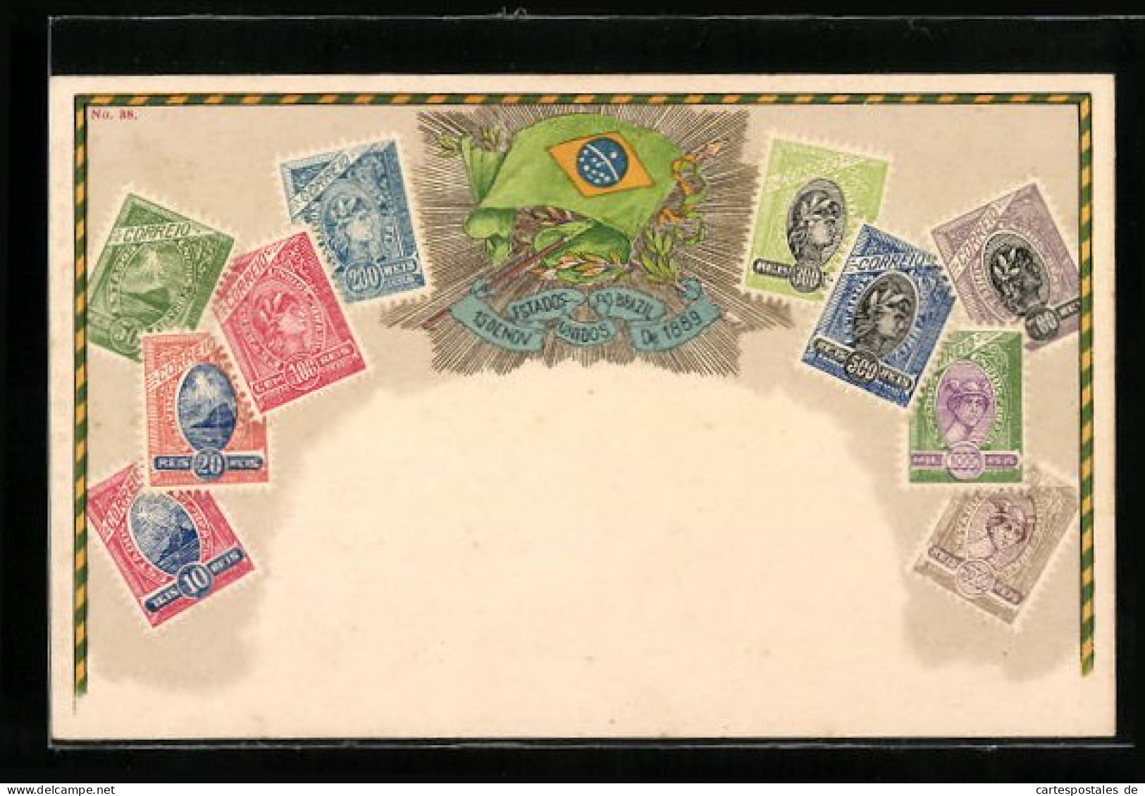 Lithographie Briefmarken Brasiliens, Nationalfahne  - Timbres (représentations)