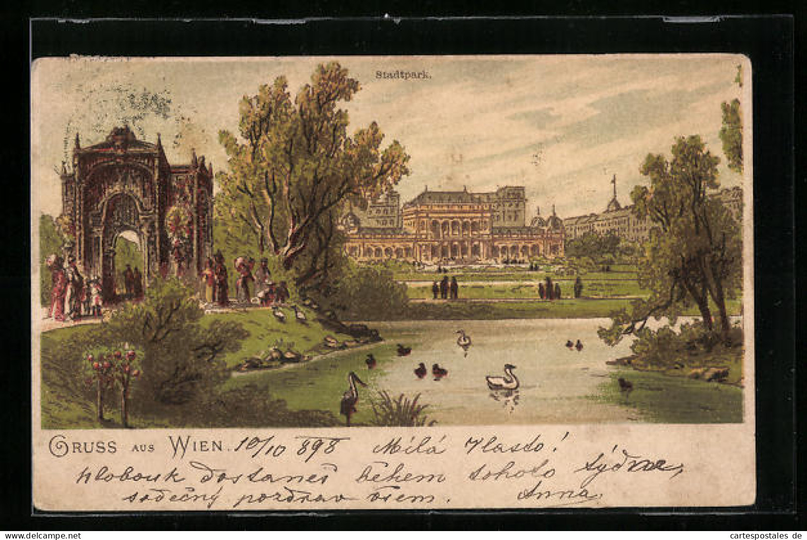 Lithographie Wien, Stadtpark Mit Schwänen Und Enten  - Sonstige & Ohne Zuordnung