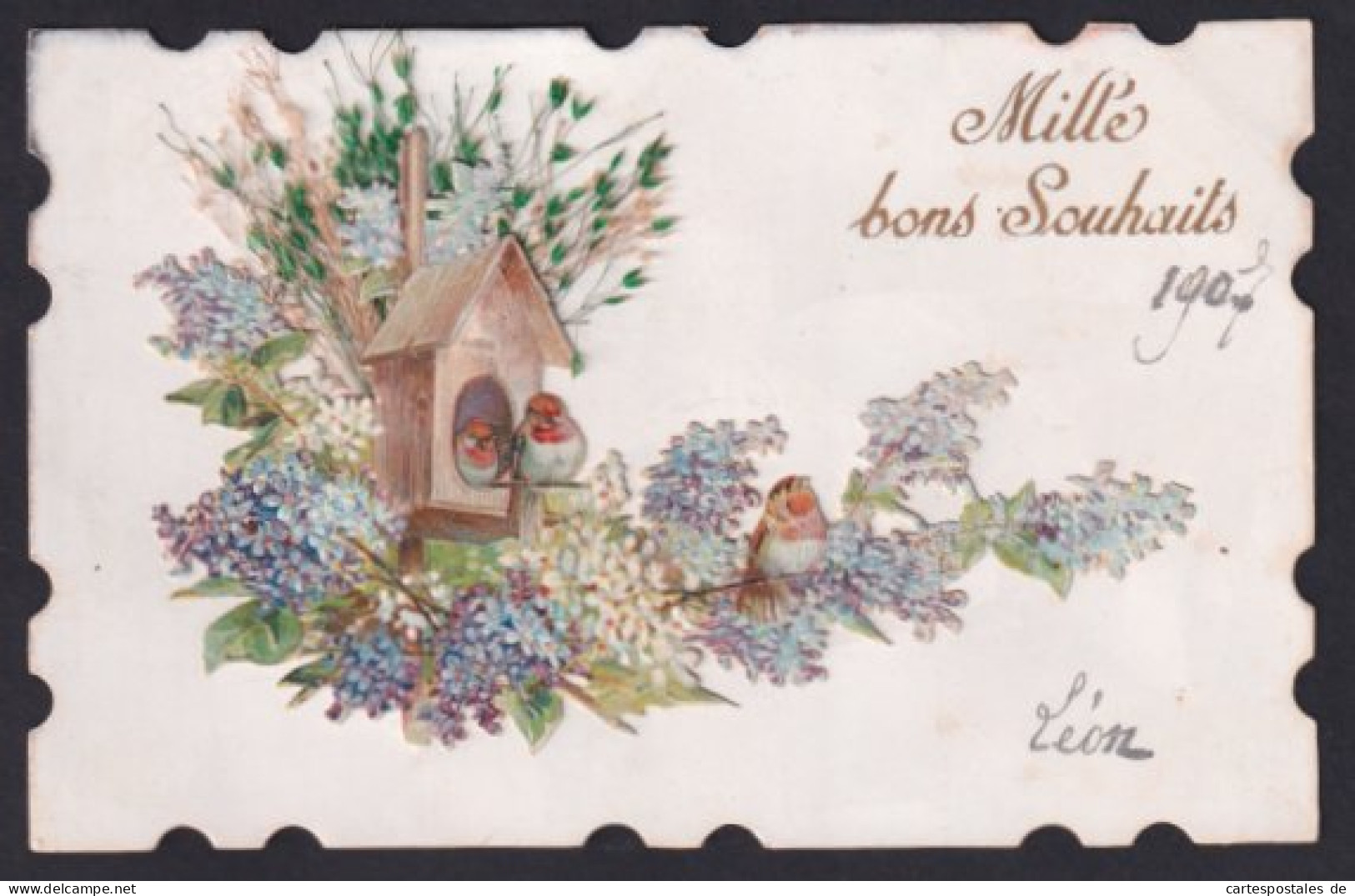 Trockenblumen-AK Mille Bons Souhaits, Vögel Am Blumengeschmückten Häuschen  - Sonstige & Ohne Zuordnung