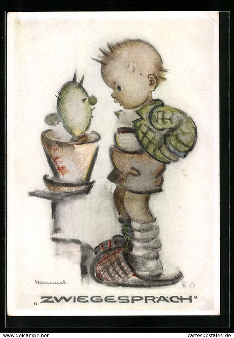 Künstler-AK Hummel: Kleiner Junge Im Zwiegespräch Mit Einem Kaktus  - Hummel