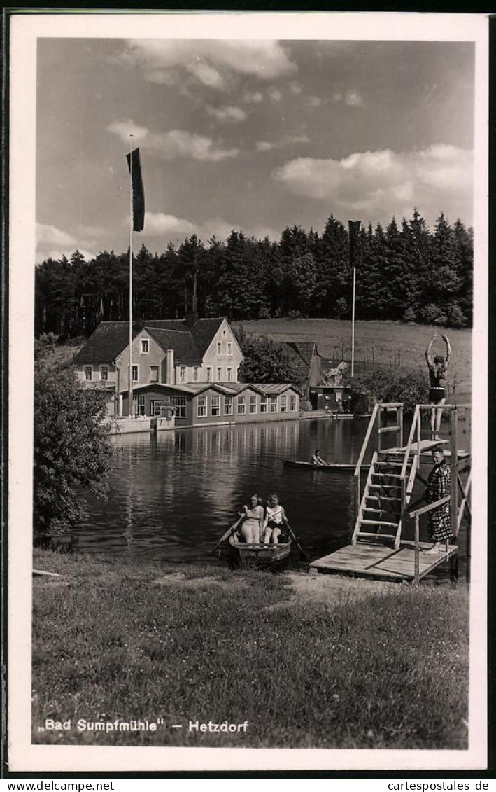 Fotografie Brück & Sohn Meissen, Ansicht Hetzdorf, Turmspringer Und Ruderer Im Freibad Bad Sumpfmühle  - Plaatsen