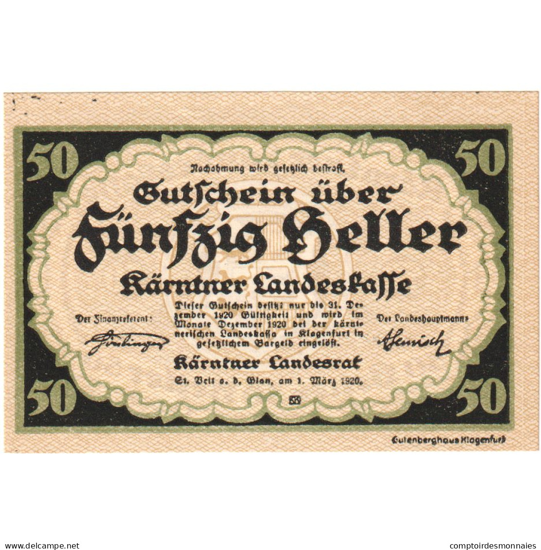 Autriche, Landesrat, 50 Heller, Blason, 1920, 1920-03-01, SPL, Mehl:FS 427 - Oesterreich