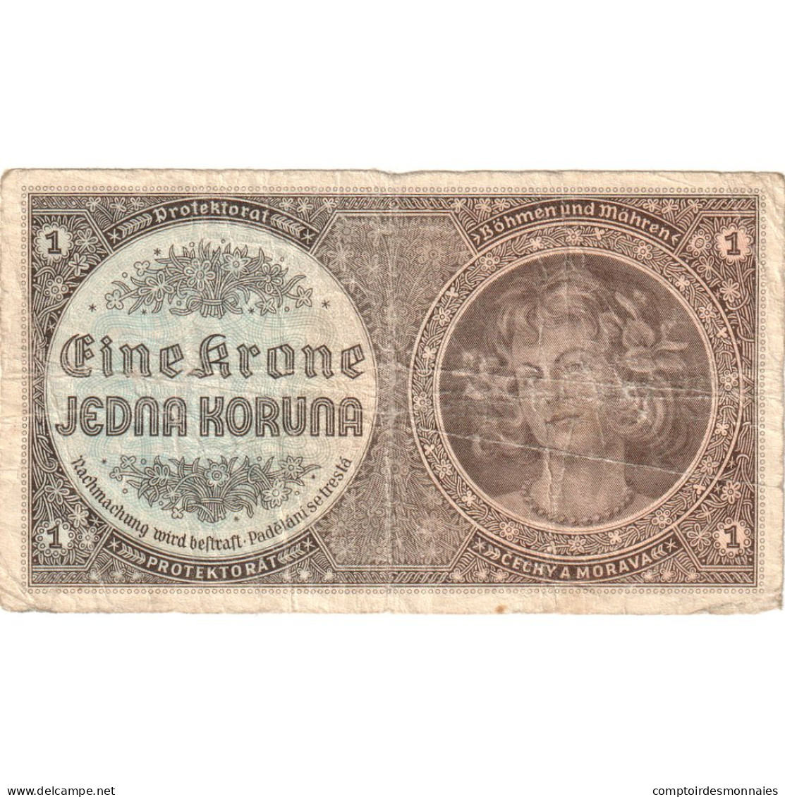 Bohême & Moravie, 1 Koruna, TB+ - Czechoslovakia