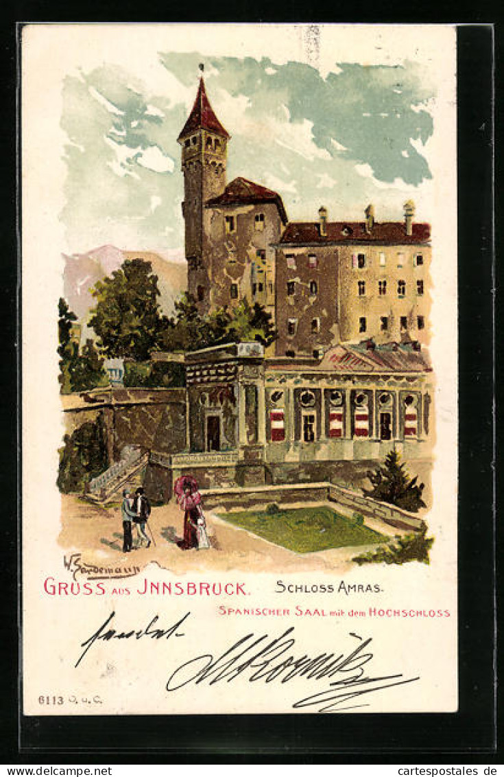 Lithographie Innsbruck, Schloss Amras, Spanischer Saal Mit Hochschloss  - Other & Unclassified