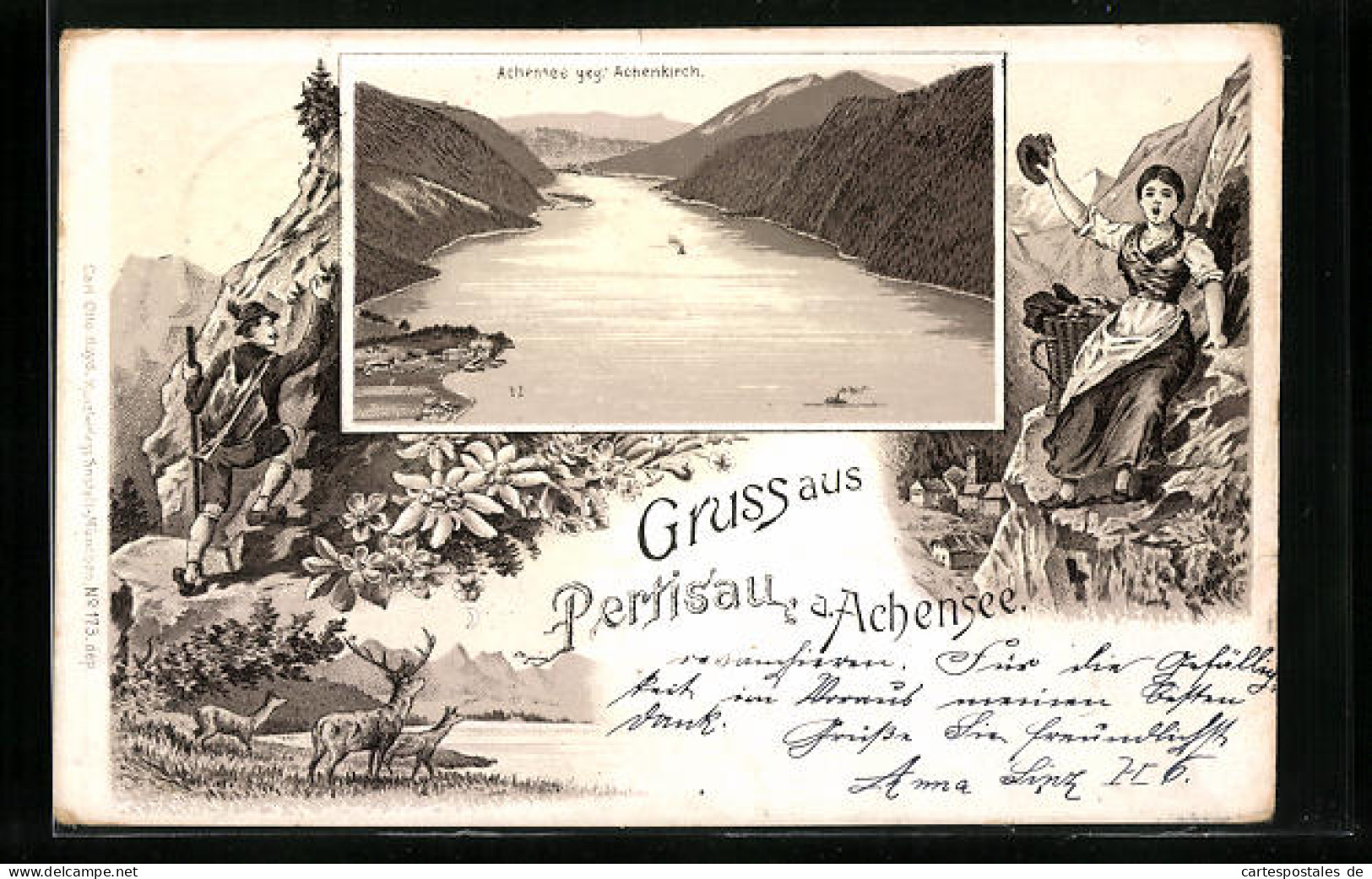 Lithographie Pertisau A. Achensee, Dampfer Auf Dem See Und Ortsansicht  - Other & Unclassified