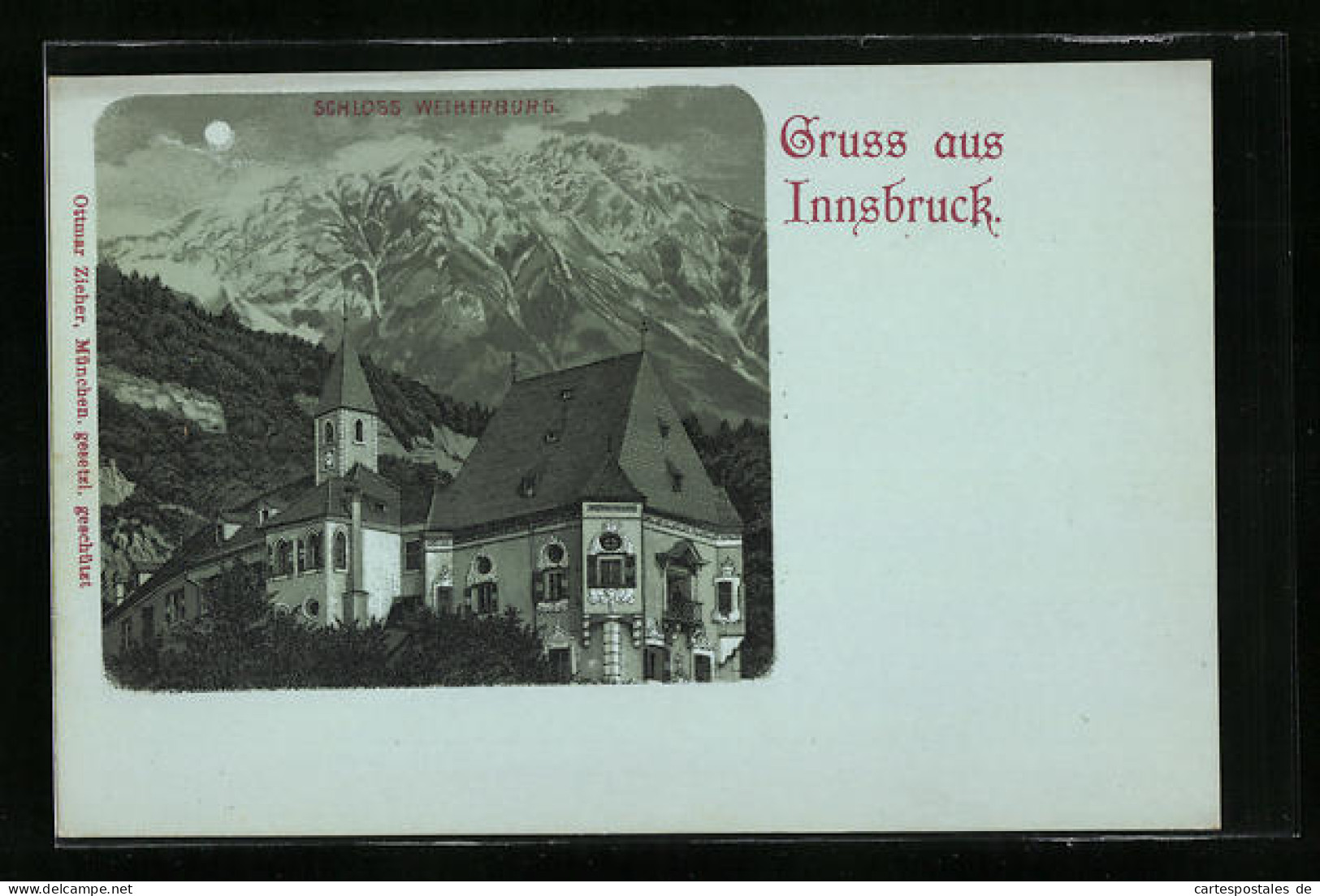 Mondschein-Lithographie Innsbruck, Gebirgskulisse Mit Kirche  - Other & Unclassified